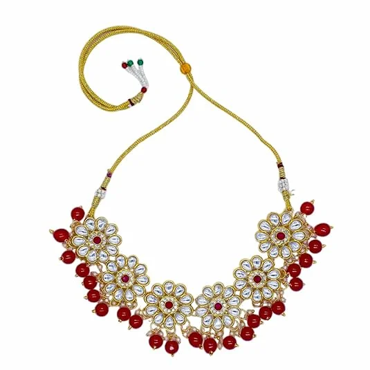 Traditional Kundan Necklace, Yellow Beaded, Crystal Flower Pattern, Gold-Toned image 5