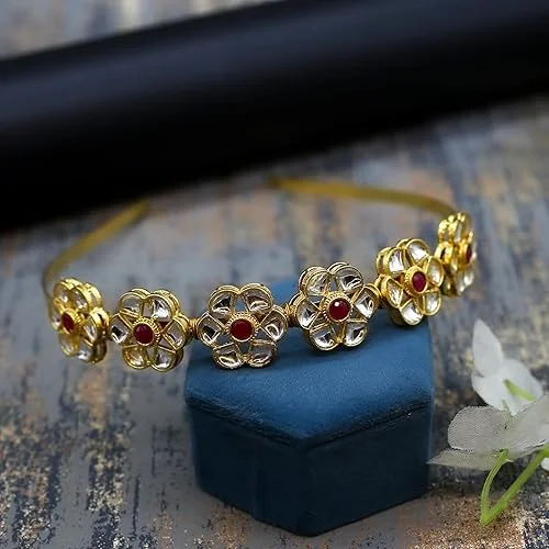 Kundan Matha Patti & Sheesh Patti Combo | Bridal Floral Tiara Headband | Indian Festive Hair Accessory for Women Girls|JJC image 3