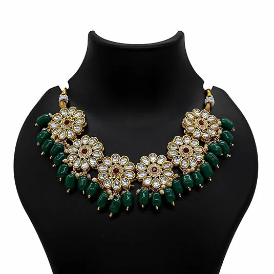 Traditional Kundan Necklace, Yellow Beaded, Crystal Flower Pattern image 3