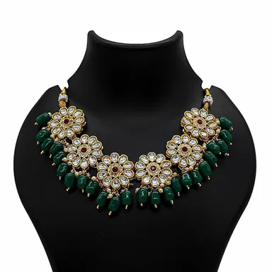 Traditional Kundan Necklace, Yellow Beaded, Crystal Flower Pattern thumbnail 2