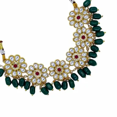 Traditional Kundan Necklace, Yellow Beaded, Crystal Flower Pattern thumbnail 0