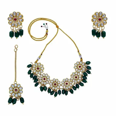 Traditional Kundan Necklace, Yellow Beaded, Crystal Flower Pattern thumbnail 1