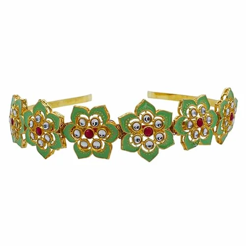 Kundan Matha Patti & Sheesh Patti Combo | Bridal Floral Tiara Headband | Indian Festive Hair Accessory for Women Girls|JJC image 3