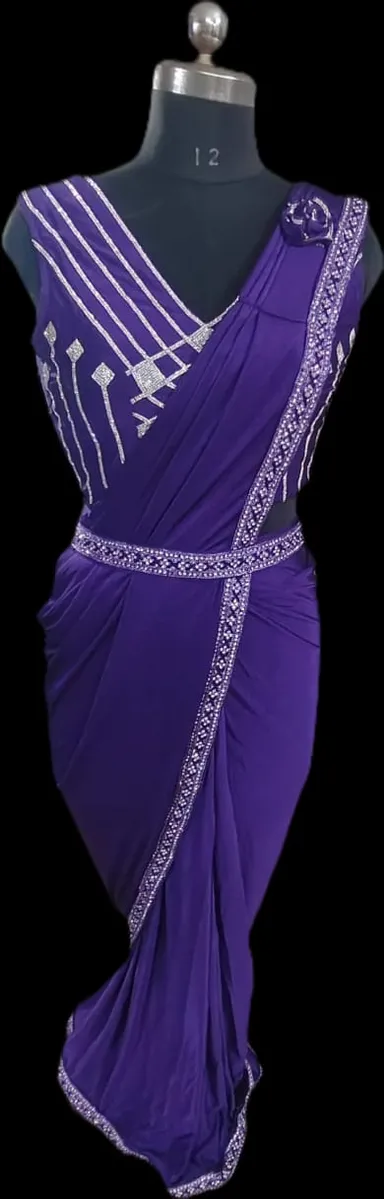 Ready Made Purple Silk Blend Party Saree | Bollywood Style Lace Border | Elegant Pre‑Stitched Saree for Women purple Color thumbnail 0