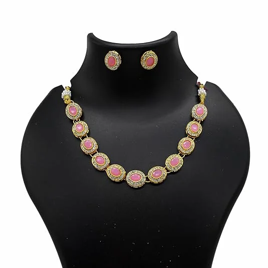 JJC Pink Stone Necklace Set, Crystal Rhinestones Gold Chain | Traditional Bridal Jewellery for Women image 2