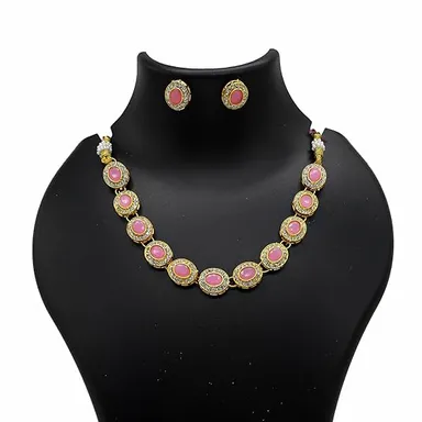JJC Pink Stone Necklace Set, Crystal Rhinestones Gold Chain | Traditional Bridal Jewellery for Women thumbnail 1