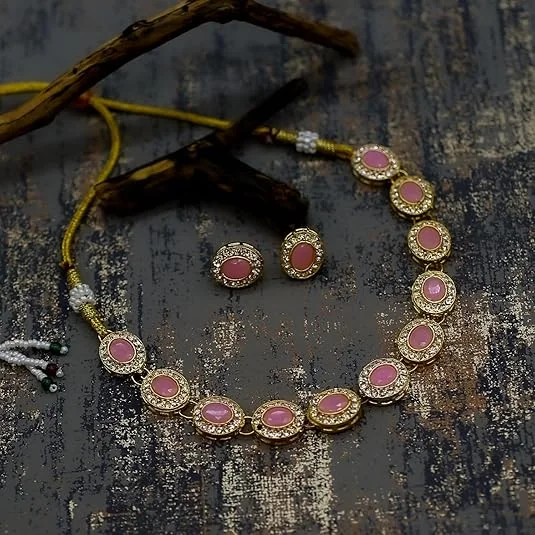 JJC Pink Stone Necklace Set, Crystal Rhinestones Gold Chain | Traditional Bridal Jewellery for Women image 3