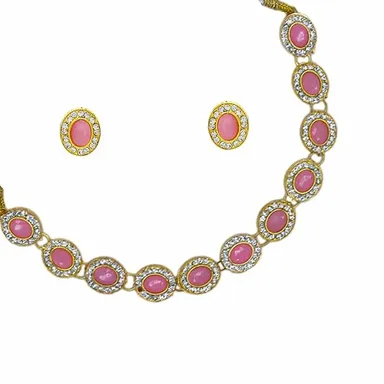 JJC Pink Stone Necklace Set, Crystal Rhinestones Gold Chain | Traditional Bridal Jewellery for Women thumbnail 3