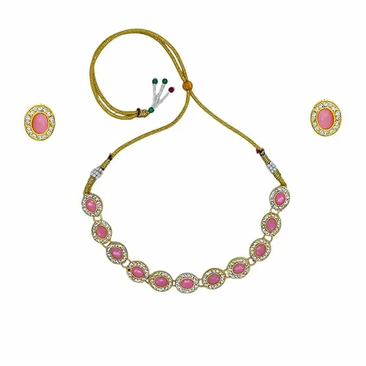 JJC Pink Stone Necklace Set, Crystal Rhinestones Gold Chain | Traditional Bridal Jewellery for Women image 1