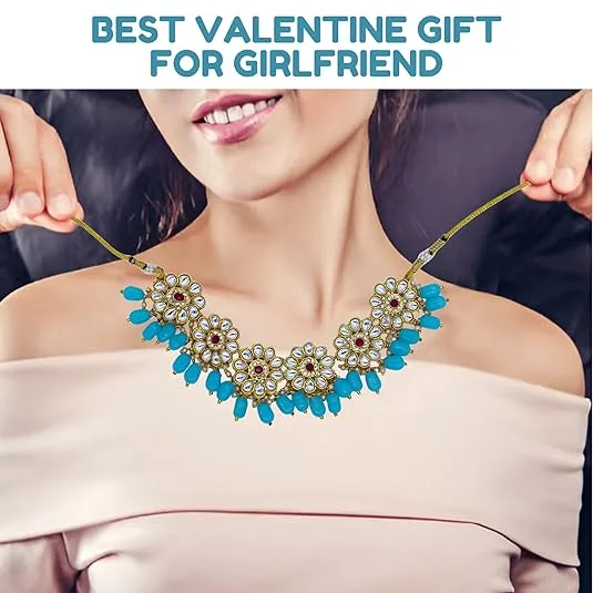 JJC Pink Stone Necklace Set, Crystal Rhinestones Gold Chain | Traditional Bridal Jewellery image 2
