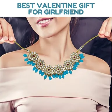 JJC Pink Stone Necklace Set, Crystal Rhinestones Gold Chain | Traditional Bridal Jewellery  thumbnail 1