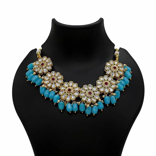 JJC Pink Stone Necklace Set, Crystal Rhinestones Gold Chain | Traditional Bridal Jewellery image 3