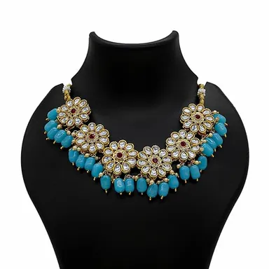 JJC Pink Stone Necklace Set, Crystal Rhinestones Gold Chain | Traditional Bridal Jewellery  thumbnail 2