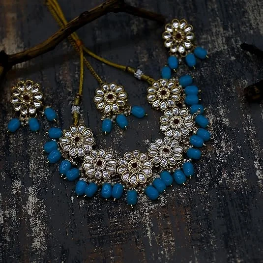 JJC Pink Stone Necklace Set, Crystal Rhinestones Gold Chain | Traditional Bridal Jewellery image 4
