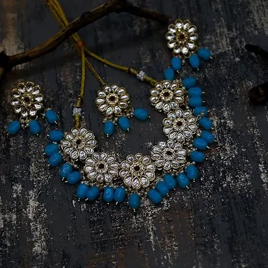 JJC Pink Stone Necklace Set, Crystal Rhinestones Gold Chain | Traditional Bridal Jewellery  thumbnail 3