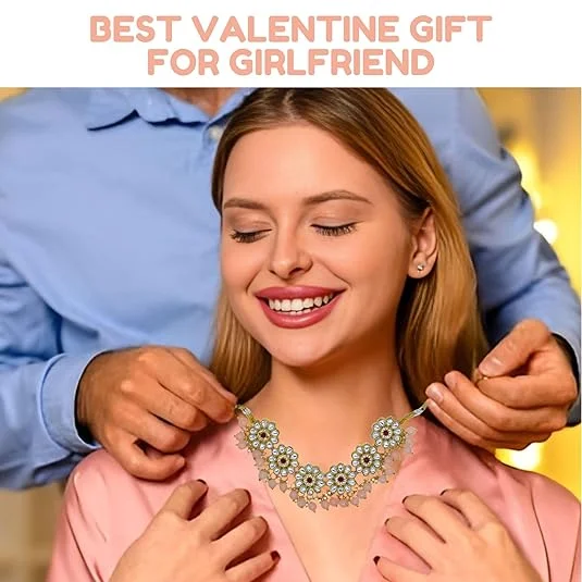 JJC Pink Stone Necklace Set, Crystal Rhinestones Gold Chain | Traditional Bridal Jewellery for Women image 2