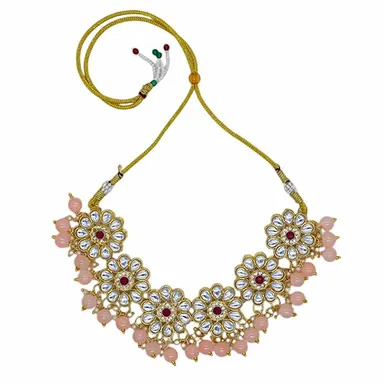 JJC Pink Stone Necklace Set, Crystal Rhinestones Gold Chain | Traditional Bridal Jewellery for Women thumbnail 2
