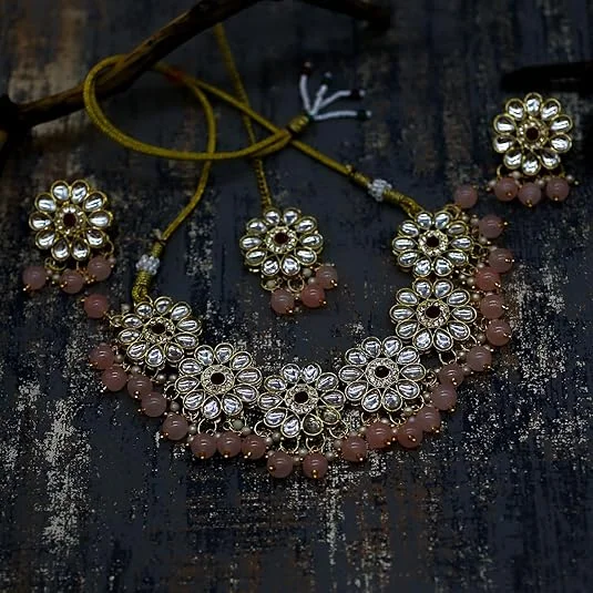 JJC Pink Stone Necklace Set, Crystal Rhinestones Gold Chain | Traditional Bridal Jewellery for Women image 4