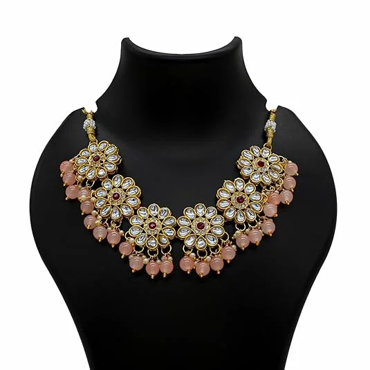 JJC Pink Stone Necklace Set, Crystal Rhinestones Gold Chain | Traditional Bridal Jewellery for Women image 5