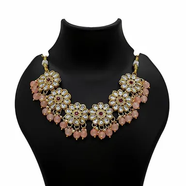 JJC Pink Stone Necklace Set, Crystal Rhinestones Gold Chain | Traditional Bridal Jewellery for Women thumbnail 4