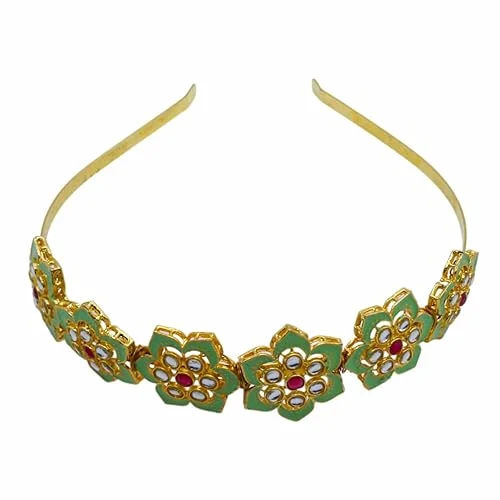Kundan Matha Patti & Sheesh Patti Combo | Bridal Floral Tiara Headband | Festive Hair Accessory for Women & Girls | JJC image 2