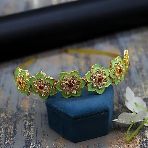 Kundan Matha Patti & Sheesh Patti Combo | Bridal Floral Tiara Headband | Festive Hair Accessory for Women & Girls | JJC image 4