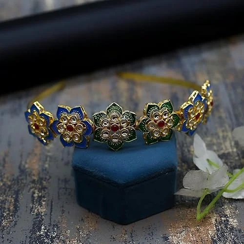 Kundan Matha Patti & Sheesh Patti Combo | Bridal Floral Tiara Headband | Festive Hair Accessory for Women & Girls | JJC image 2