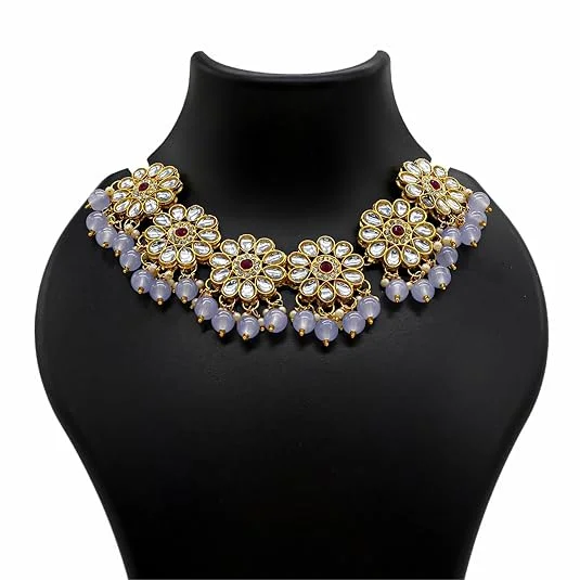 Traditional Kundan Choker Necklace | Gold Plated Ruby & Grey Beads | Bridal Wedding Jewelry image 3