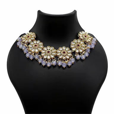 Traditional Kundan Choker Necklace | Gold Plated Ruby & Grey Beads | Bridal Wedding Jewelry thumbnail 2