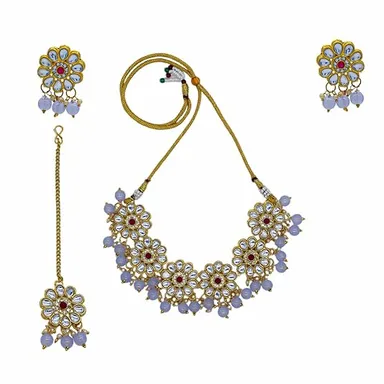 Traditional Kundan Choker Necklace | Gold Plated Ruby & Grey Beads | Bridal Wedding Jewelry thumbnail 3