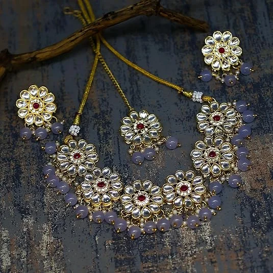 Traditional Kundan Choker Necklace | Gold Plated Ruby & Grey Beads | Bridal Wedding Jewelry image 5