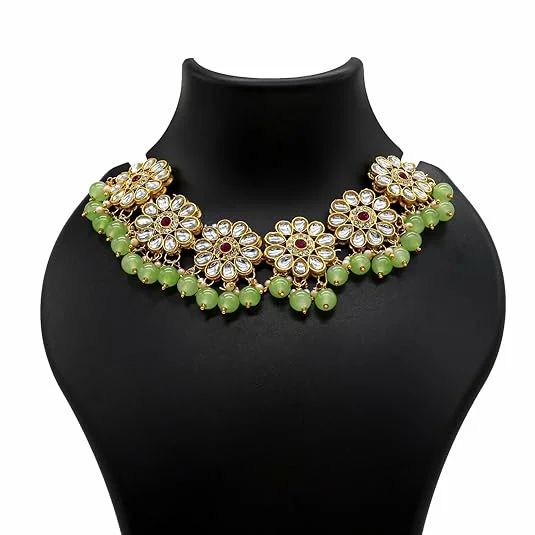 Traditional Kundan Choker Necklace | Gold Plated Ruby & Grey Beads | Bridal Wedding Jewelry image 2