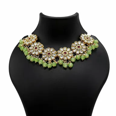 Traditional Kundan Choker Necklace | Gold Plated Ruby & Grey Beads | Bridal Wedding Jewelry thumbnail 1