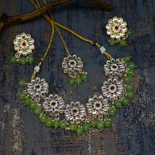 Traditional Kundan Choker Necklace | Gold Plated Ruby & Grey Beads | Bridal Wedding Jewelry image 3