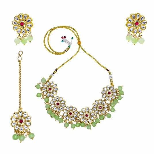 Traditional Kundan Choker Necklace | Gold Plated Ruby & Grey Beads | Bridal Wedding Jewelry image 1