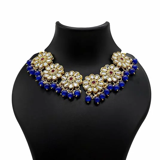 Traditional Kundan Choker Necklace | Gold Plated Ruby & Grey Beads | Bridal Wedding Jewelry image 2