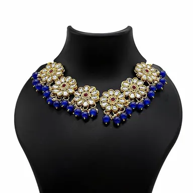 Traditional Kundan Choker Necklace | Gold Plated Ruby & Grey Beads | Bridal Wedding Jewelry thumbnail 1