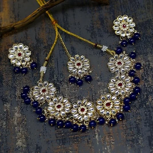 Traditional Kundan Choker Necklace | Gold Plated Ruby & Grey Beads | Bridal Wedding Jewelry image 1