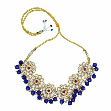 Traditional Kundan Choker Necklace | Gold Plated Ruby & Grey Beads | Bridal Wedding Jewelry thumbnail 4