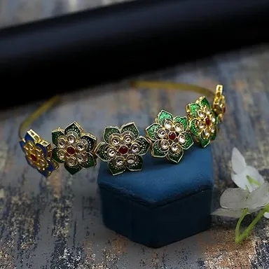 Kundan Matha Patti & Sheesh Patti Combo | Lightweight Bridal Head Chain & Floral Tiara Headband  thumbnail 3