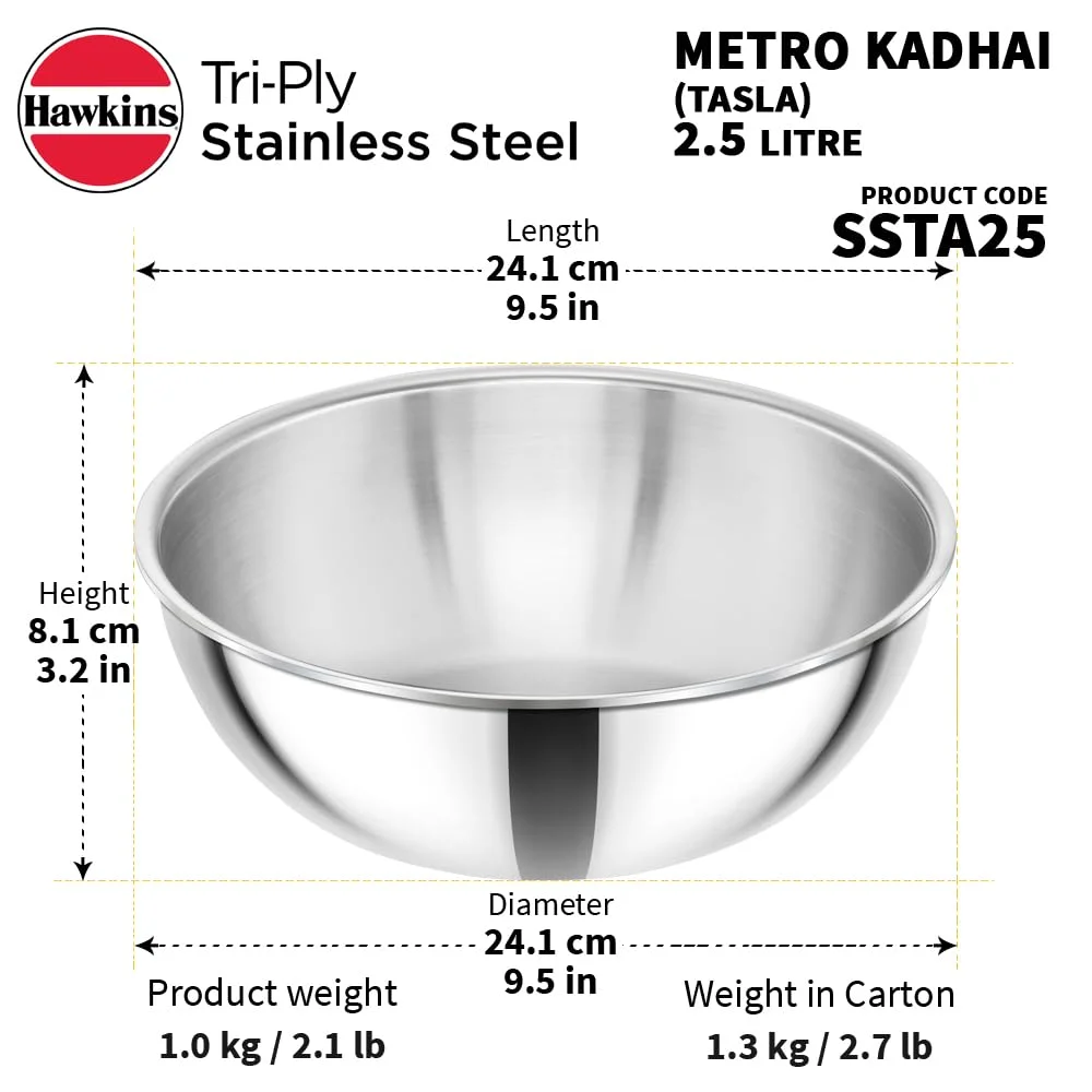 Hawkins Metro 2.5L Triply Stainless Steel Induction Kadhai Tasla SSTA25 Extra Thick Heat-Even Cookware Heavy Duty Stackable Silver image 3