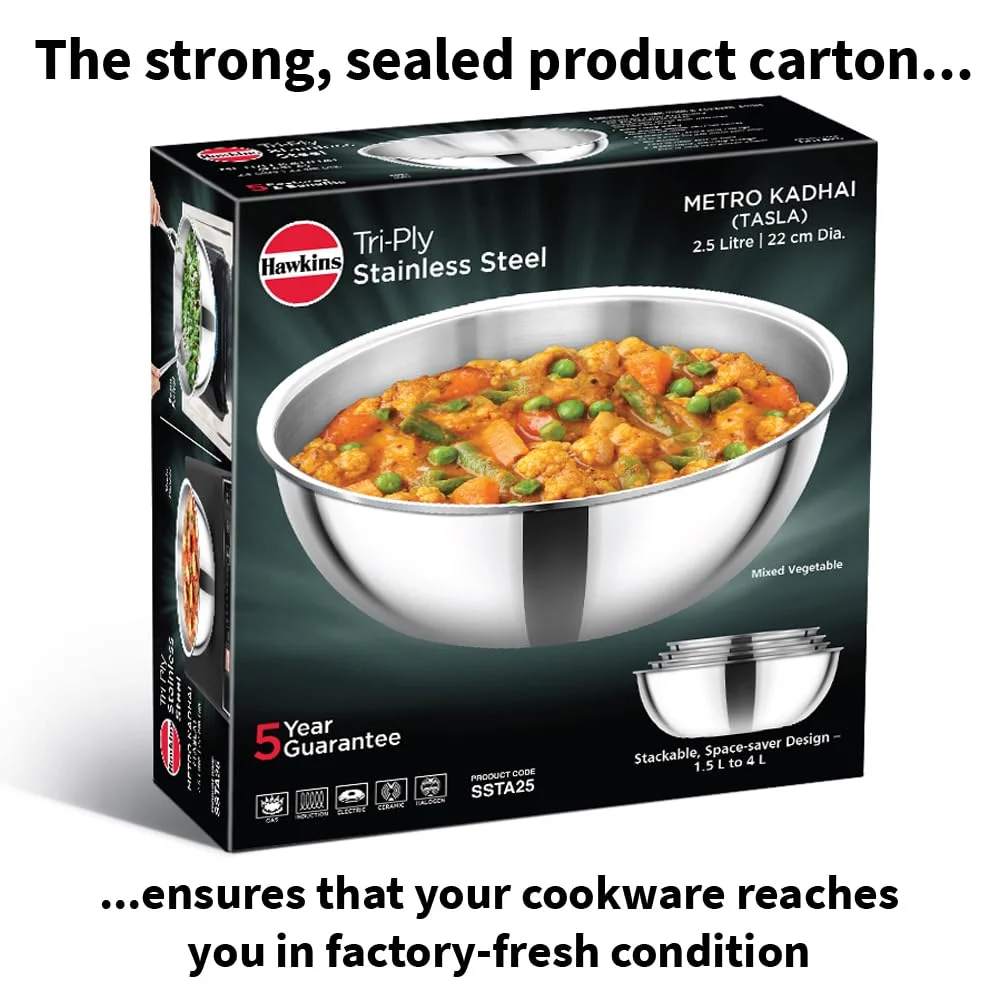 Hawkins Metro 2.5L Triply Stainless Steel Induction Kadhai Tasla SSTA25 Extra Thick Heat-Even Cookware Heavy Duty Stackable Silver image 10