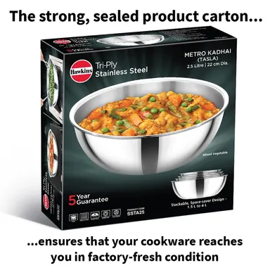 Hawkins Metro 2.5L Triply Stainless Steel Induction Kadhai Tasla SSTA25 Extra Thick Heat-Even Cookware Heavy Duty Stackable Silver thumbnail 9