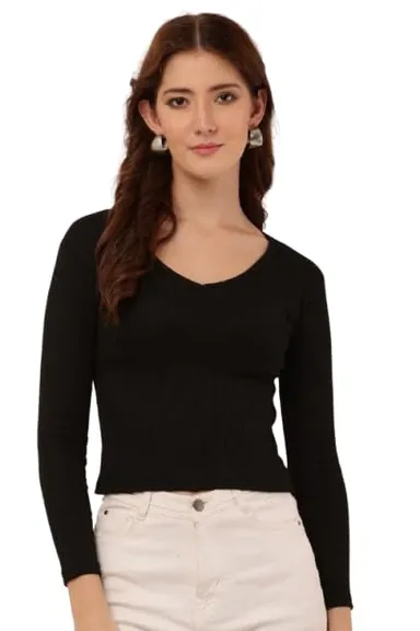 Women's rib‑knit V‑neck long sleeve top black slim fit layering thumbnail 0