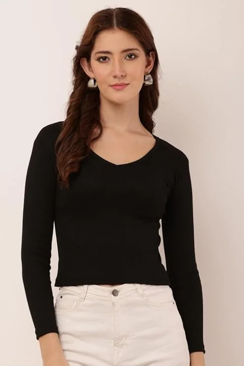 Women's rib‑knit V‑neck long sleeve top black slim fit layering image 2