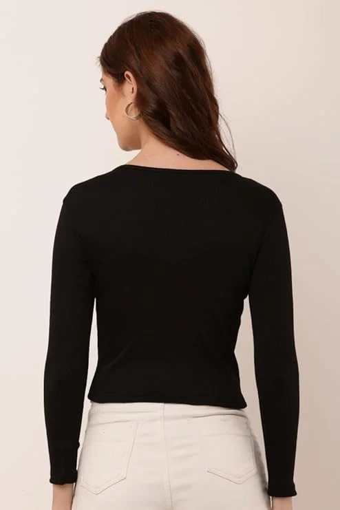 Women's rib‑knit V‑neck long sleeve top black slim fit layering image 3