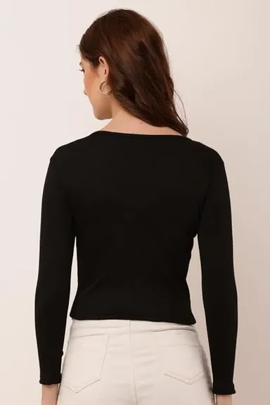 Women's rib‑knit V‑neck long sleeve top black slim fit layering thumbnail 2