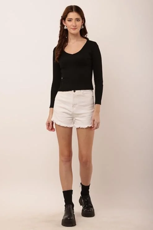 Women's rib‑knit V‑neck long sleeve top black slim fit layering image 4