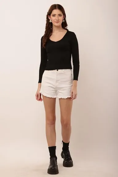 Women's rib‑knit V‑neck long sleeve top black slim fit layering thumbnail 3