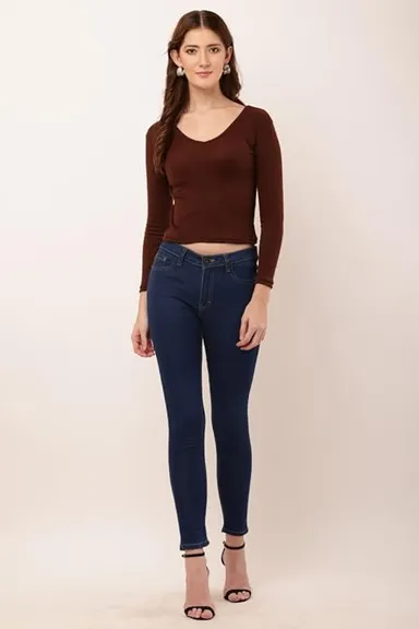 Women's rib‑knit V‑neck long sleeve top black slim fit layering thumbnail 0